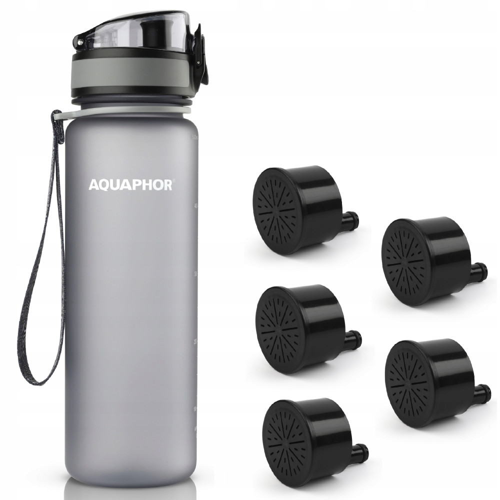 Butelka filtrująca Aquaphor City 500 ml + 5 filtrów, szara Butelka filtrująca Aquaphor City 500 ml + 5 filtrów, szara