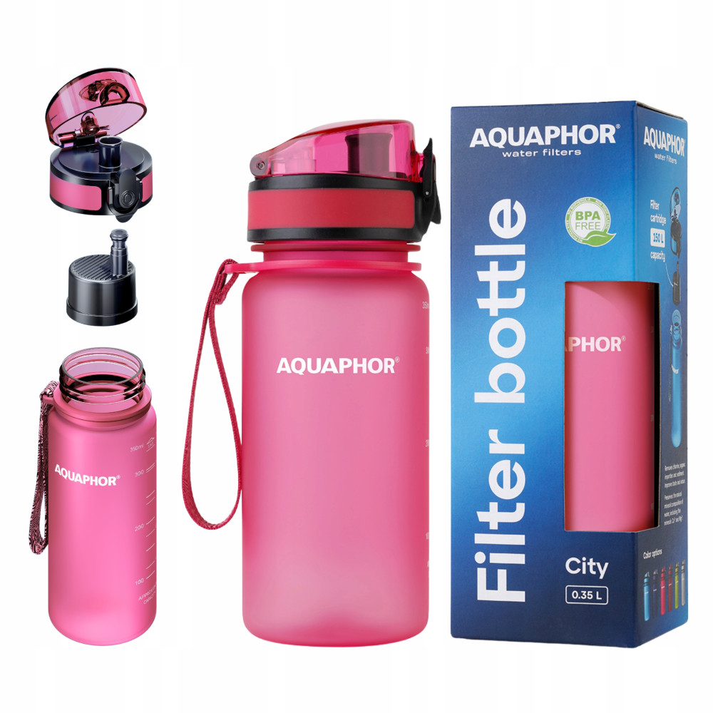 Butelka Aquaphor City 350 ml z filtrem węglowym różowa bidon na spacer Butelka Aquaphor City 350 ml z filtrem węglowym różowa bidon na spacer